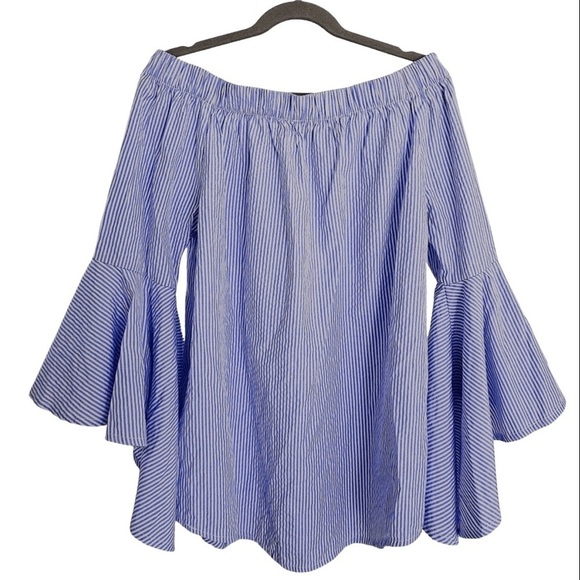 NWT Roommates Blue and White Thin Striped Bell Sleeve Off Shoulder Top Size Sm - Picture 1 of 5